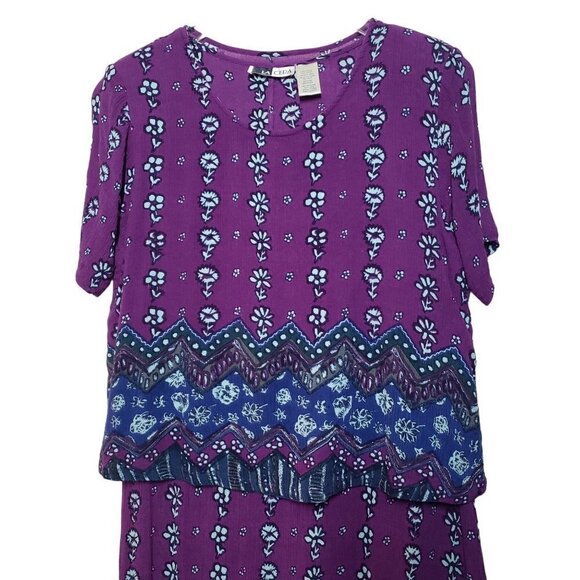 La Cera Floral Midi Dress Purple Rayon Shift Boho Short Sleeve Womens Medium - Picture 2 of 10